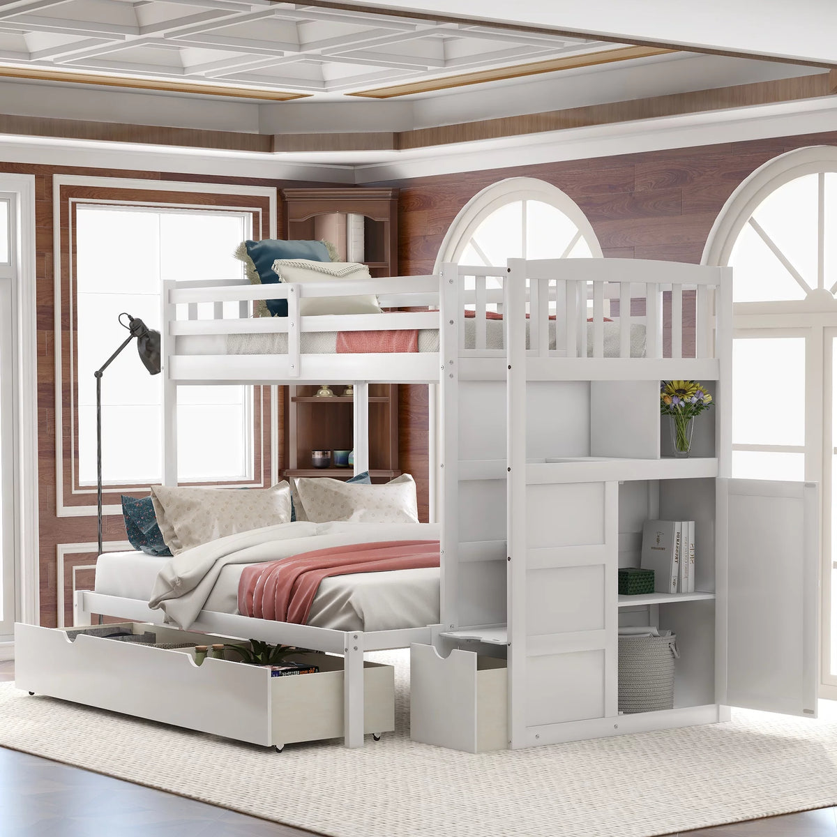 White Twin over Twin Bunk Bed with Drawer and Cabinet S698638