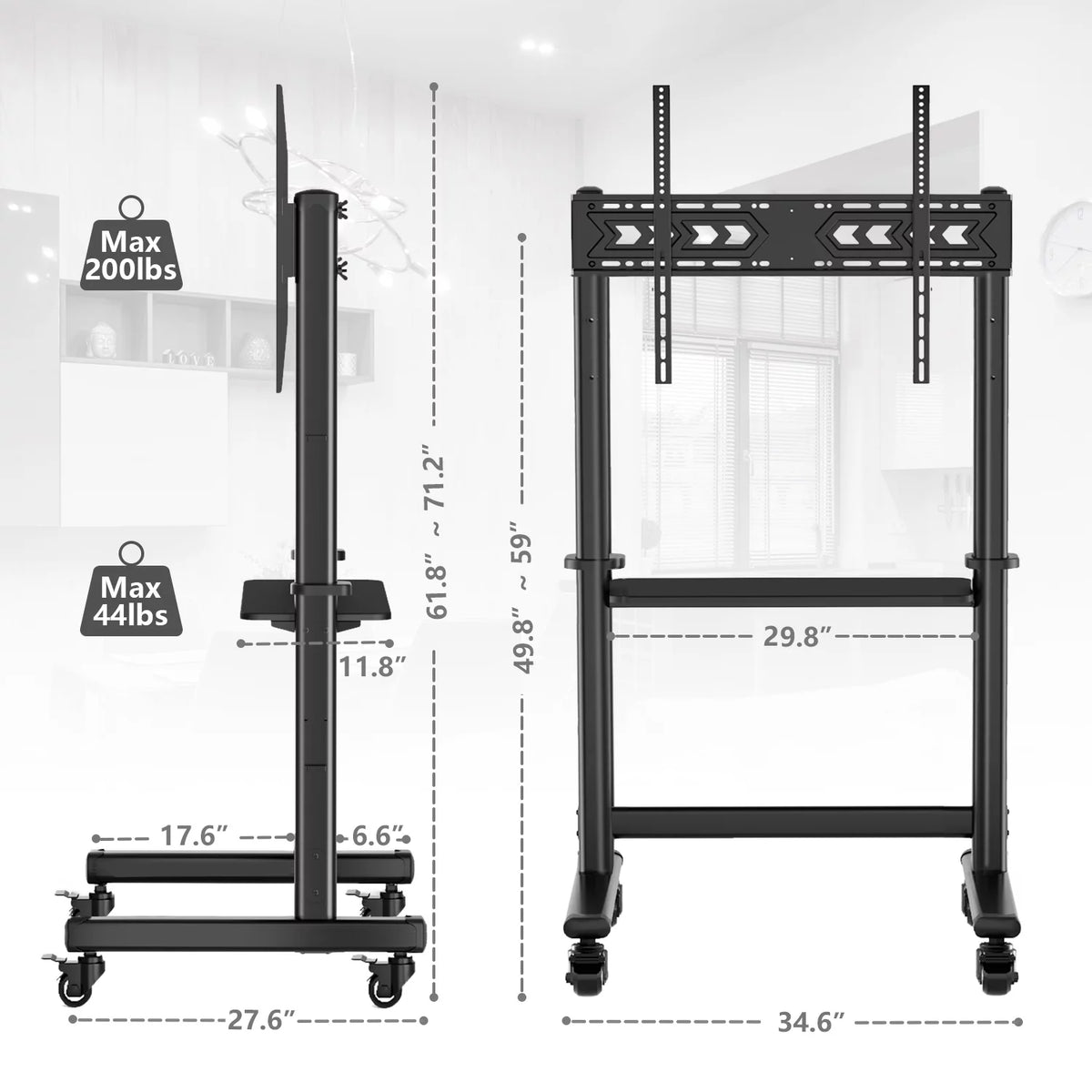 Black Rolling Mobile TV Stand for 55 to 90 inch Flat Screen TVs X6584