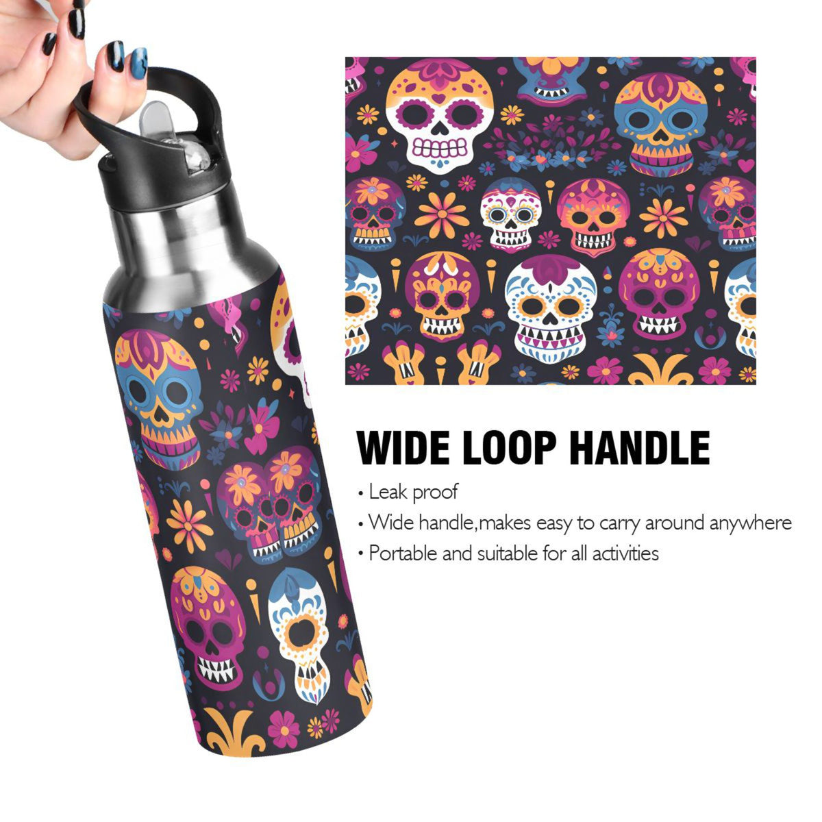 Colorful Skeletons Skulls Stainless Steel Insulated Water Bottle with Straw Lid D632057