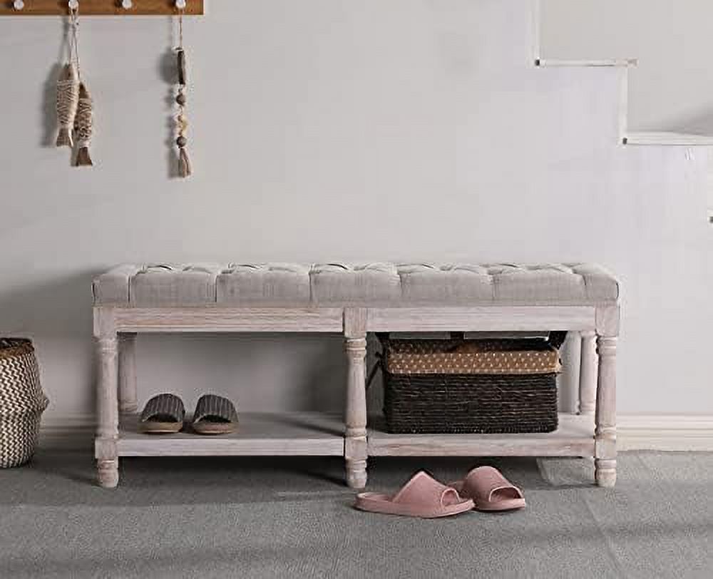 Beige Tufted Wood Entryway Bench S153