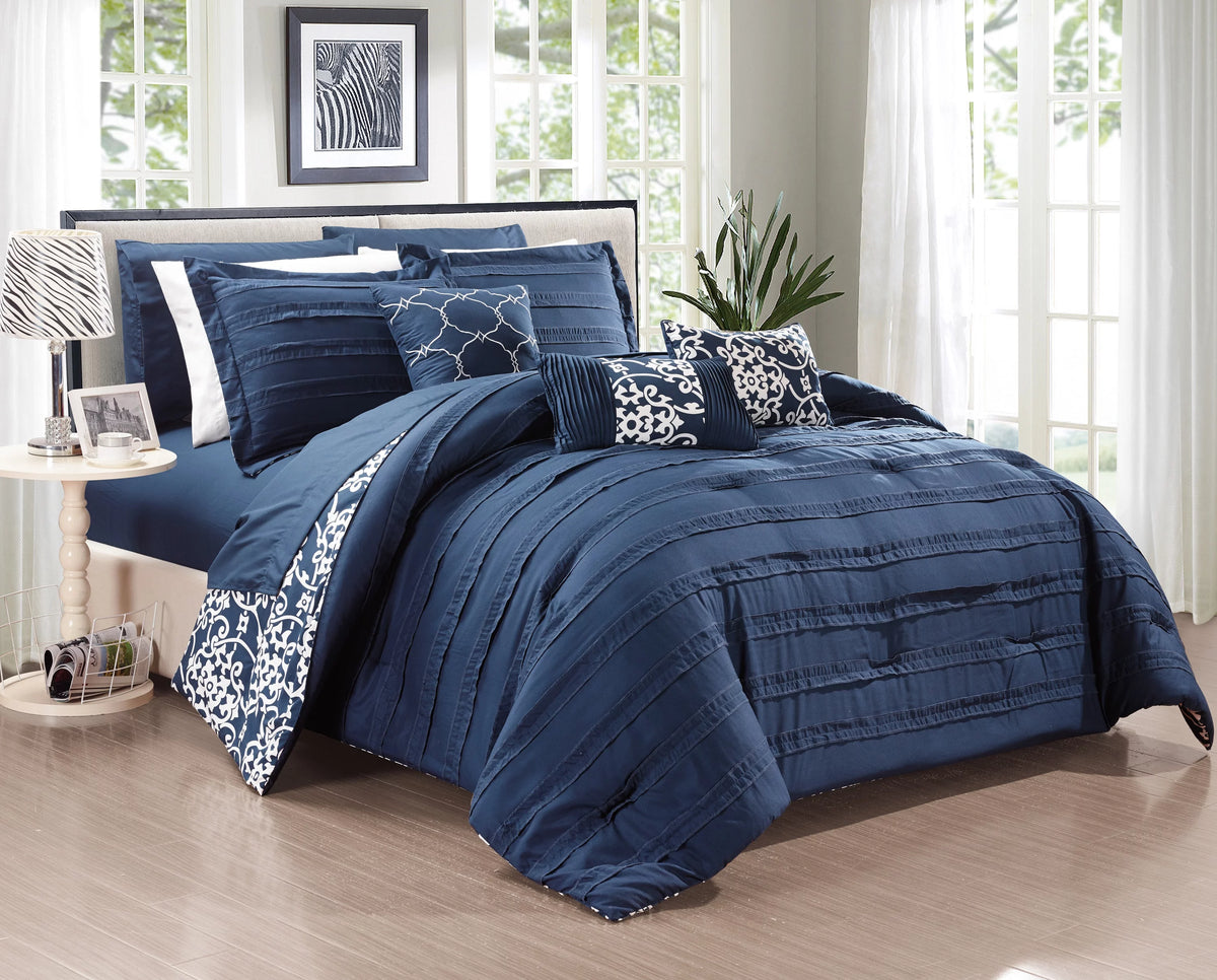 10-Piece Reversible Pinch Pleat Queen Comforter Set B2819