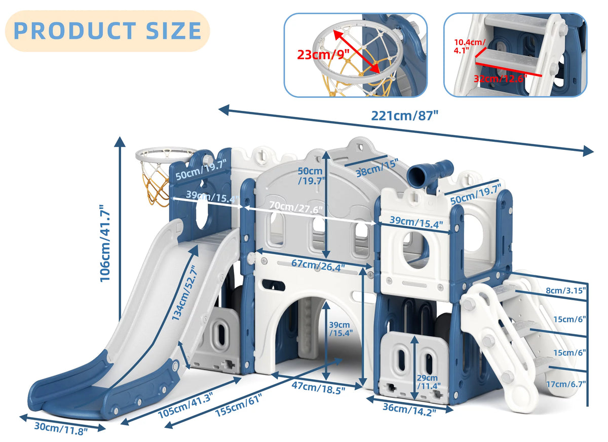8 in 1 Toddler Slide with Climber, Basketball Hoop, Tunnel and Storage Space Z8013