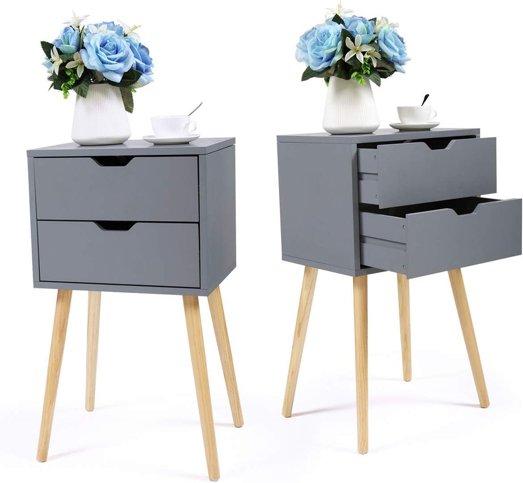 Set of 2 White & Walnut 2 Drawer Wood Nightstand K594