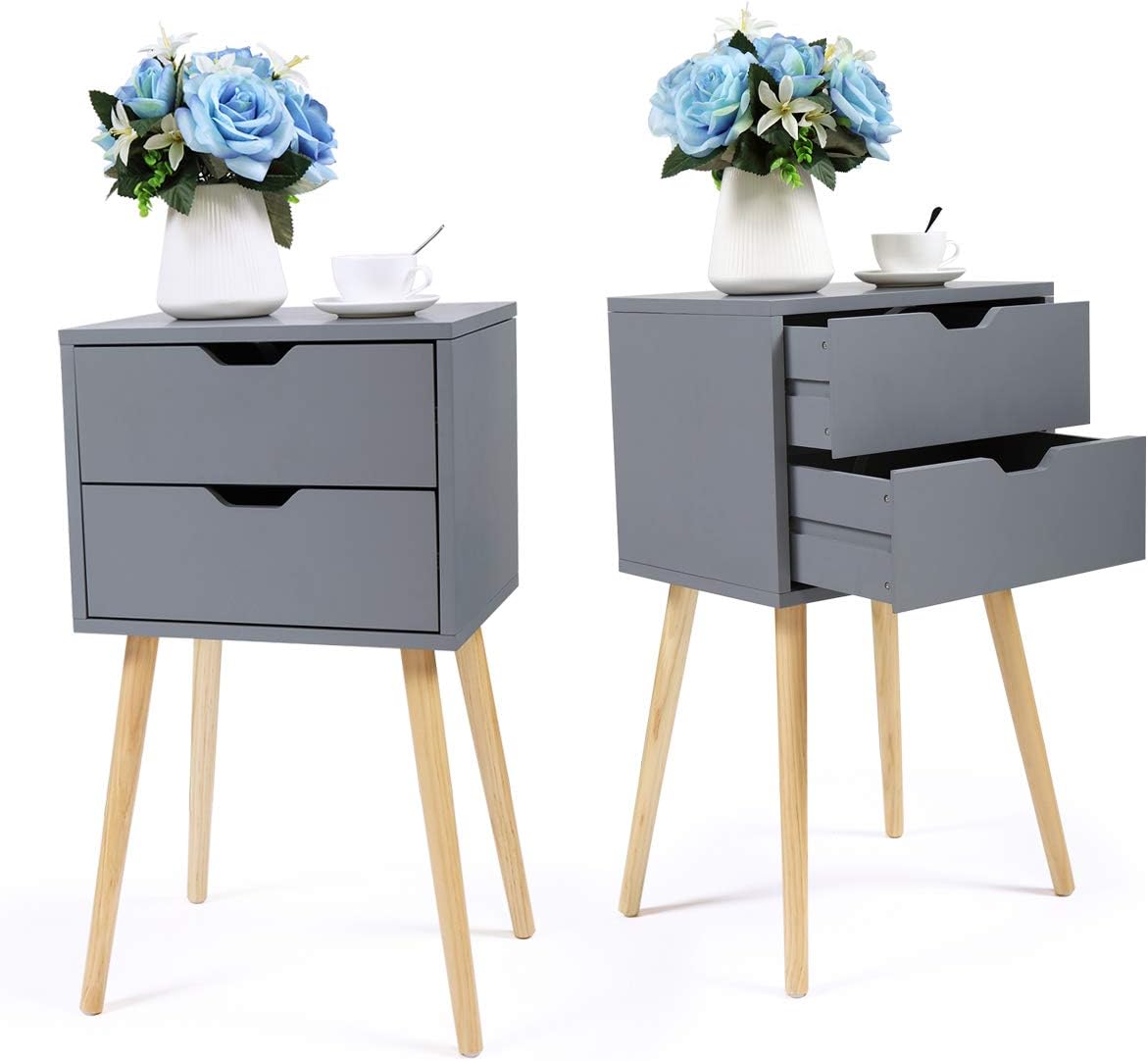 Set of 2 White & Walnut 2 Drawer Wood Nightstand K594