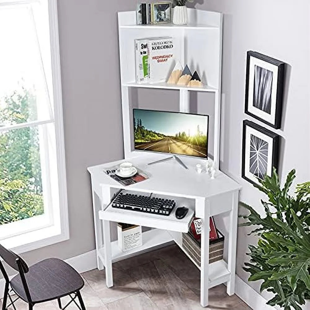 White Corner Computer Desk with Hutch and Shelves R126