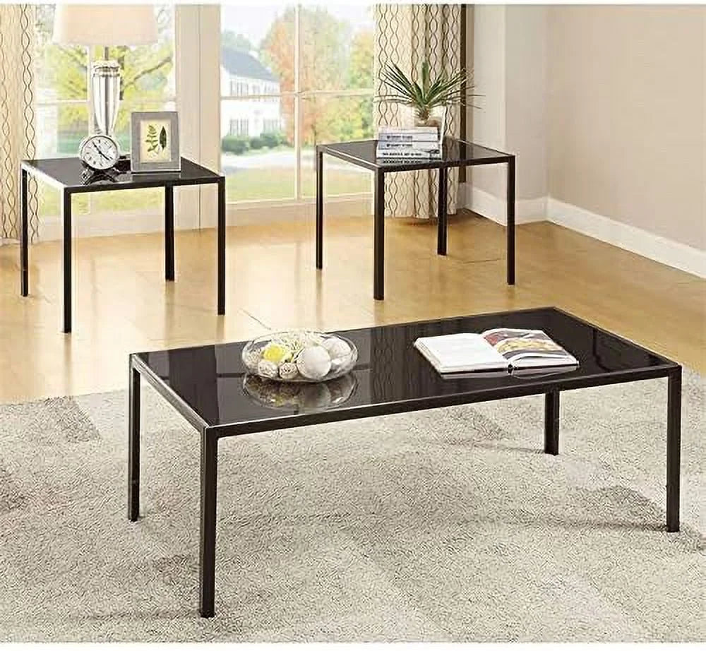 Black 3 Piece Glass Top Coffee Table Set F235