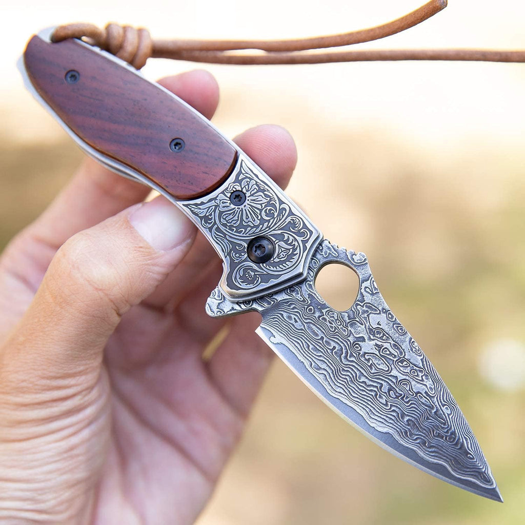 2.5in VG10 Damascus Steel Folding Pocket Knife with Rosewood Handle O3232