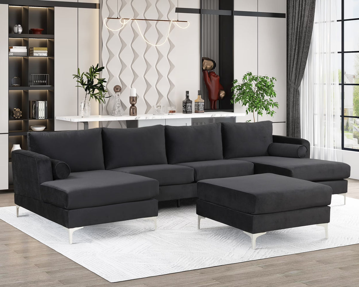 Black Velvet U-Shape Sectional Sofa with Ottoman D255