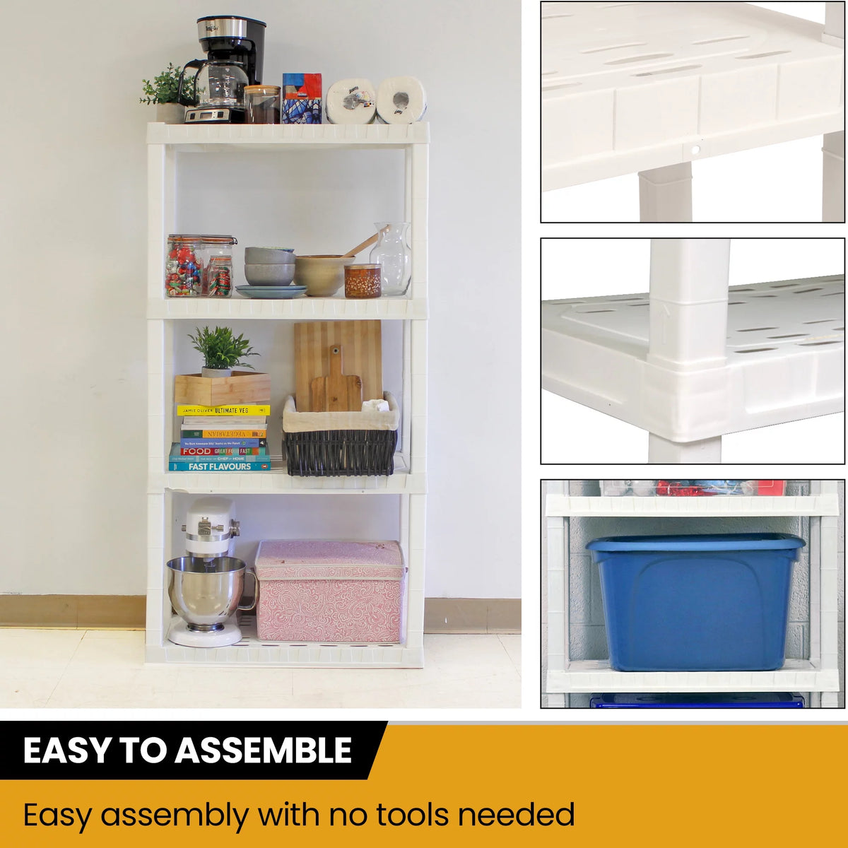 4 Shelf Plastic Garage Shelves, Pack of 4, White 400 lbs Capacity Q835877
