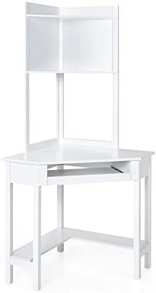 White Corner Computer Desk with Hutch and Shelves R126