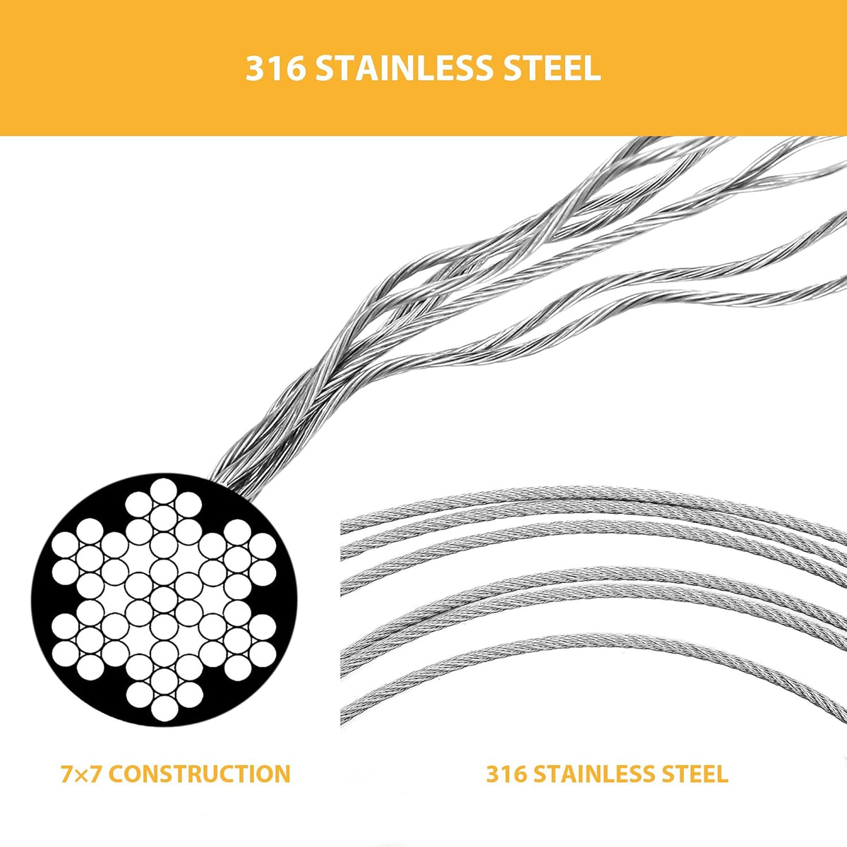 1/8 Stainless Steel Cable Wire Rope, 400FT T316 7x7 Strand Core H18920