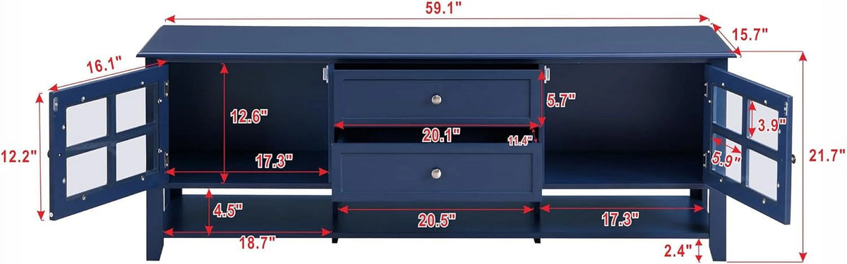 Blue TV Stand with 2 Drawers and Doors V554