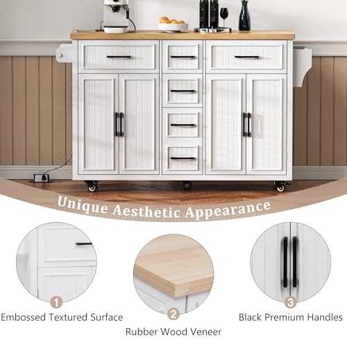 56.5" Rolling Kitchen Island with Drop Leaf, Power Outlet, 4 Doors, 5 Drawers, Black E357979